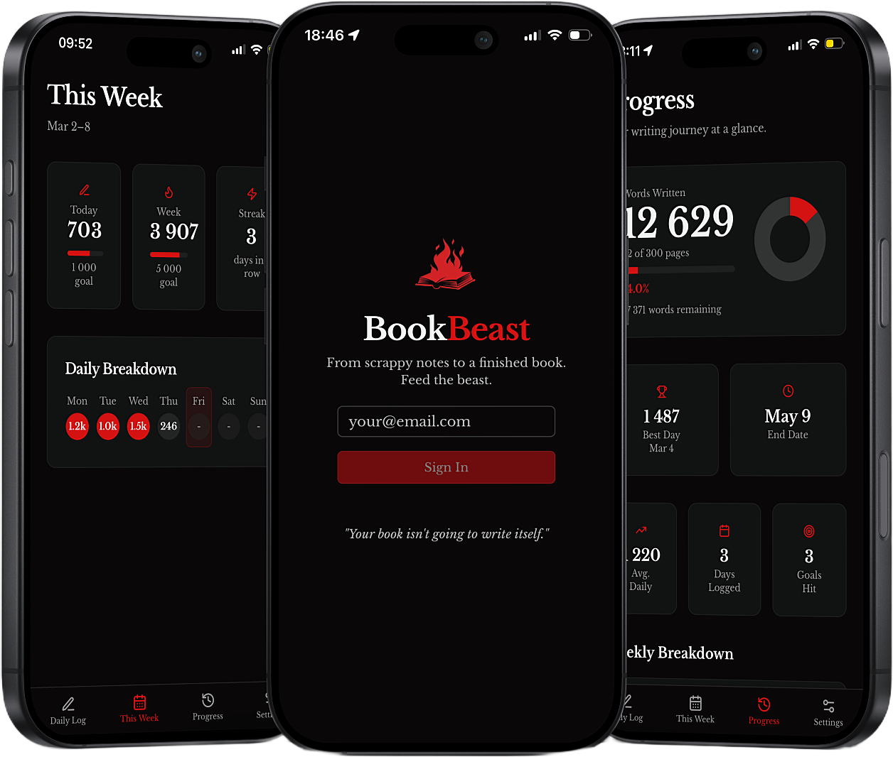 BookBeast app - This Week, Login, and Progress views
